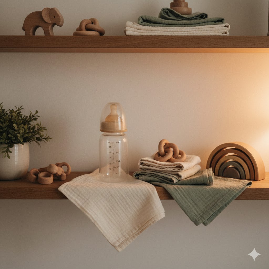 Nursery shelves styled with muslin cloths, a baby bottle, and wooden toys