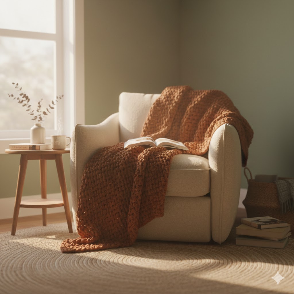 Curated nursery corner with soft lighting and natural wood accents