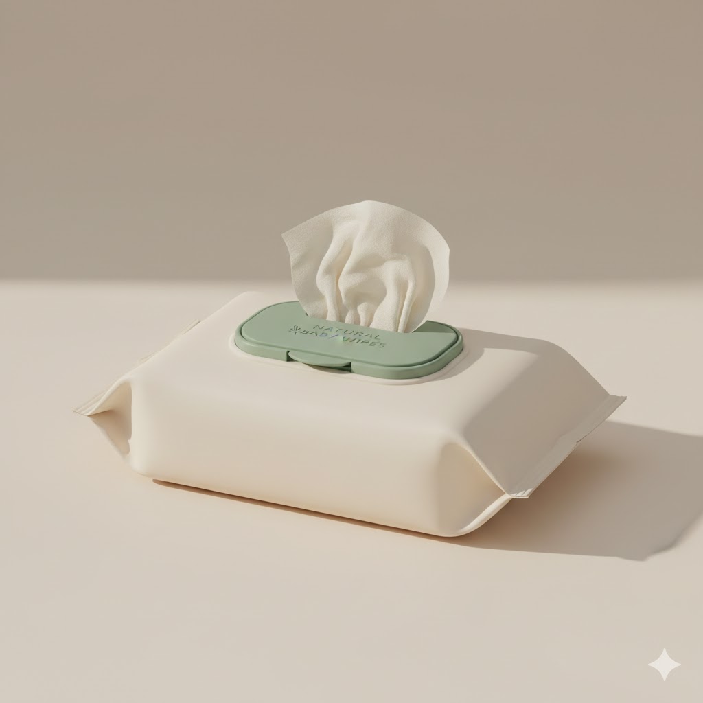 Neutral baby essentials arranged with textured fabrics and warm tones