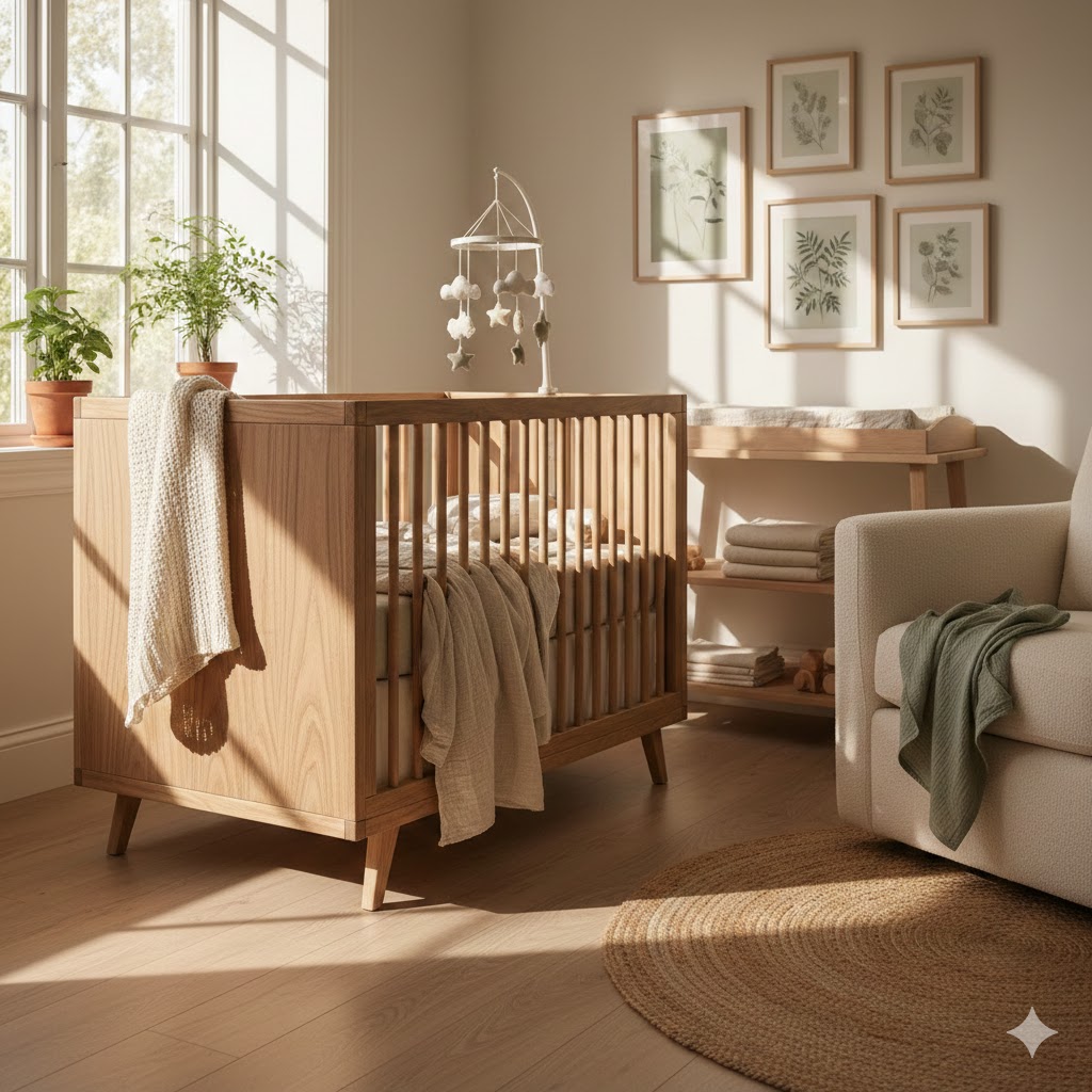 Sunlit nursery with wooden crib, framed botanical art, and neutral textiles